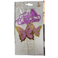ADORNO DE TORTA - CARTEL FELIZ CUMPLEAÑOS + 4 MARIPOSAS FUCSIA