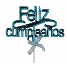 ADORNO DE TORTA - CARTEL FELIZ CUMPLEAÑOS CON MOÑO CELESTE