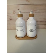 DISPENSERS CON VALVULA PARA LIQUIDOS X 2 CON BASE BAMBU BLANCO