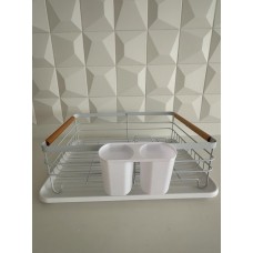 SECAPLATOS ESCURRIDOR DE PLATOS PARA 10 PLATOS BLANCO CON BANDEJA MANIJA BAMBU