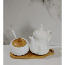 TETERA Y AZUCARERA DE CERAMICA CON BASE DE BAMBU