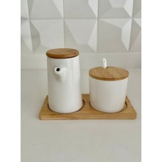 TETERA Y AZUCARERA DE CERAMICA CON BASE DE BAMBU RECTA