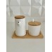 TETERA Y AZUCARERA DE CERAMICA CON BASE DE BAMBU RECTA
