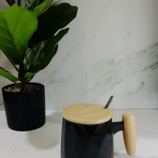 TAZA DE CERAMICA CON TAPA Y MANIJA DE BAMBU Y CUCHARITA