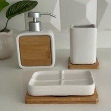 SET DE BAÑO X 3 PIEZAS CERAMICA Y BAMBU WHITE