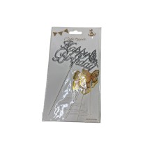 ADORNO DE TORTA - CARTEL HAPPY BIRTHDAY PLATEADO + 4 MARIPOSAS DORADAS ADORNO DE TORTA - CARTEL HAPPY BIRTHDAY PLATEADO + 4 MARIPOSAS DORADAS