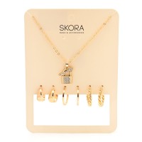 COLLAR DORADO CON DIJE CANDADO CON STRASS + 4 PARES DE AROS SKORA 44541