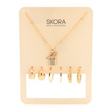 COLLAR DORADO CON DIJE CANDADO CON STRASS + 4 PARES DE AROS SKORA 44541
