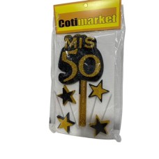ADORNO DE TORTA - SET MIS 50 CON 4 ESTRELLAS Y BENGALA GIBRE