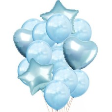 SET DE GLOBOS METALIZADOS ESTRELLA Y CORAZON Y LATEX CON CONFETTI X 14 CELESTE