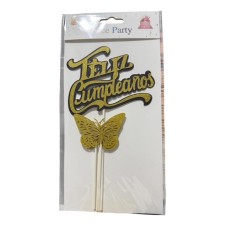 ADORNO DE TORTA - CARTEL FELIZ CUMPLE CON MARIPOSAS DORADO CON BORDE NEGRO