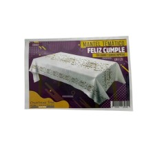 MANTEL DESCARTABLE FRISELINA ESPECIAL FELIZ CUMPLE BLANCO CON DORADO RECTANGULAR