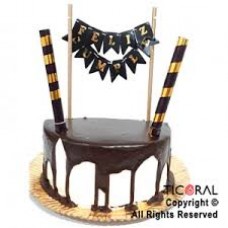 ADORNO DE TORTA - BANNER CON BANDERIN NEGRO Y ORO + 2 BENGALAS