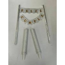 ADORNO DE TORTA - BANNER CON BANDERIN PLATEADO GLITTER + 2 BENGALAS