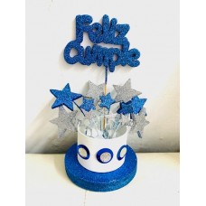ADORNO DE TORTA - FIGURA TELGOPOR BASE TAMBOR FELIZ CUMPLE AZUL Y BLANCO