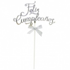 ADORNO DE TORTA - CARTEL FELIZ CUMPLEAÑOS CON MOÑO PLATEADO