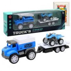CAMIONCITO PULL BACK CON ACOPLADO TRUCKS POLICIA CON CUATRICICLO EN CAJA,