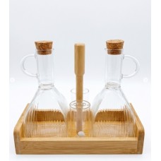 CONDIMENTERO X 4 ACEITERA-VINAGRERA -SALERO-PIMENTERO VIDRIO CON BASE BAMBU
