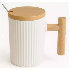 TAZA DE CERAMICA CON TAPA Y MANIJA DE BAMBU Y CUCHARITA WHITE