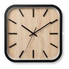 RELOJ DE PARED 28 CM CUADRADO BORDE NEGRO FONDO BAMBU