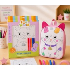 KIT DE COLOREO COLOREA TU MOCHILA FUN WORLD 203678 GATITO