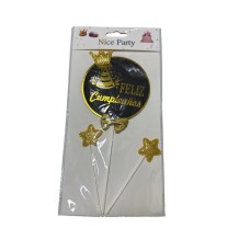 ADORNO DE TORTA - CARTEL FELIZ CUMPLEANOS CIRCULO NEGRO CON ESTRELLAS DORADAS ADORNO DE TORTA - CARTEL FELIZ CUMPLEANOS CIRCULO NEGRO CON ESTRELLAS DORADAS