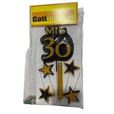 ADORNO DE TORTA - SET MIS 30 CON 4 ESTRELLAS Y BENGALA GIBRE