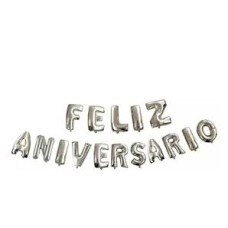 GLOBO DE PAPEL METALIZADO FRASE FELIZ ANIVERSARIO PLATEADO