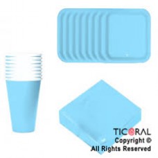 KIT DESCARTABLE PLATOS + VASOS + SERVILLETAS PARA 8 PERSONAS CELESTE PASTEL