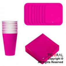 KIT DESCARTABLE PLATO + VASOS + SERVILLETAS FUCSIA FLUO