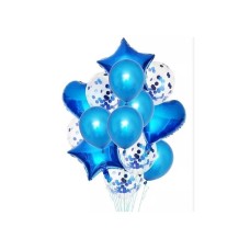 SET DE GLOBOS METALIZADOS ESTRELLA Y CORAZON Y LATEX CON CONFETTI X 14 AZUL