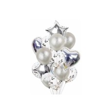 SET DE GLOBOS METALIZADOS ESTRELLA Y CORAZON Y LATEX CON CONFETTI X 14 PLATEADO