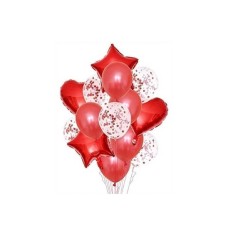 SET DE GLOBOS METALIZADOS ESTRELLA Y CORAZON Y LATEX CON CONFETTI X 14 ROJO