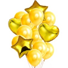 SET DE GLOBOS METALIZADOS ESTRELLA Y CORAZON Y LATEX CON CONFETTI X 14 DORADO