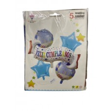 SET DE GLOBOS METALIZADOS FELIZ CUMPLEAÑOS X 5 CELESTE