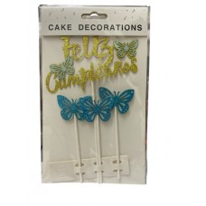 ADORNO DE TORTA - CARTEL FELIZ CUMPLE CON MARIPOSAS CELESTES