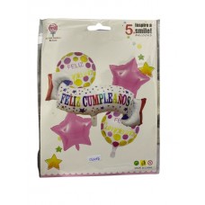 SET DE GLOBOS METALIZADOS FELIZ CUMPLEAÑOS X 5 ROSA