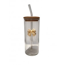 VASO DE VIDRIO 500 ML CON SORBETE TAPA DE BAMBU MOÑO BEIGE VASO DE VIDRIO 500 ML CON SORBETE TAPA DE BAMBU MOÑO BEIGE