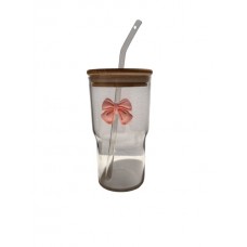 VASO DE VIDRIO 500 ML CON SORBETE TAPA DE BAMBU MOÑO ROSA VASO DE VIDRIO 500 ML CON SORBETE TAPA DE BAMBU MOÑO ROSA