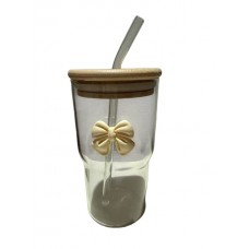 VASO DE VIDRIO 400 ML CON SORBETE TAPA DE BAMBU MOÑO BEIGE VASO DE VIDRIO 400 ML CON SORBETE TAPA DE BAMBU MOÑO BEIGE