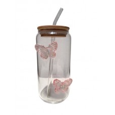VASO DE VIDRIO 550 ML CON SORBETE TAPA DE BAMBU MARIPOSAS ROSAS TORNASOLADAS VASO DE VIDRIO 550 ML CON SORBETE TAPA DE BAMBU MARIPOSAS ROSAS TORNASOLADAS