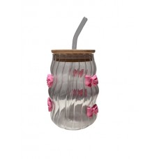 VASO DE VIDRIO 500 ML CON SORBETE TAPA DE BAMBU MOÑITOS ROSAS VASO DE VIDRIO 500 ML CON SORBETE TAPA DE BAMBU MOÑITOS ROSAS
